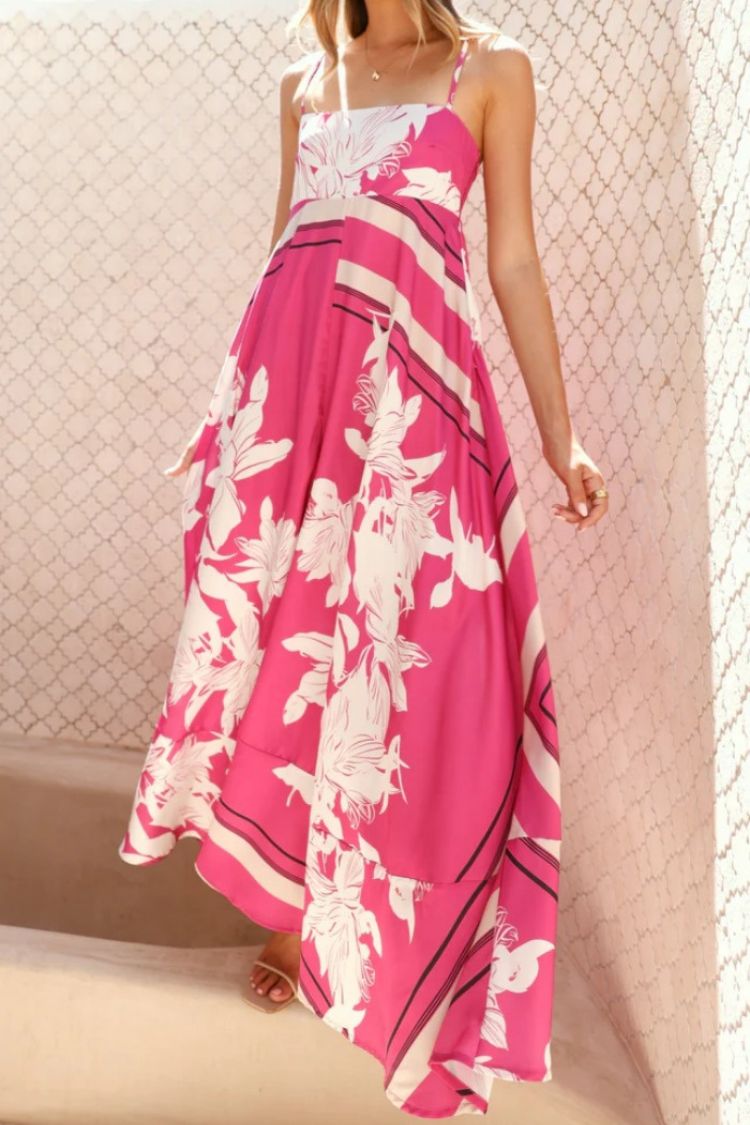 Printed Ruffle Suspender Maxi Dress