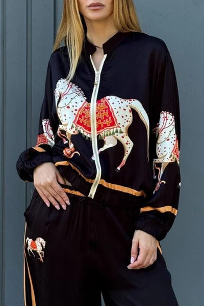 Artistic Satin Colorblock Horse Print Stand Nack Long Sleeve Pocket Zipper Jacket