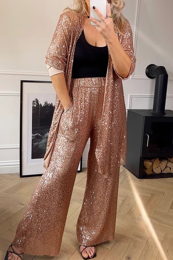 Shine Bright Sequin Half Sleeve Open Front Drape Midi Kimono Rose Gold