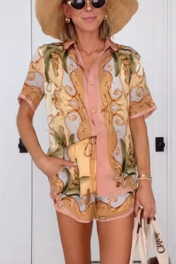 Royalty Unique Print Button Up Short Sleeve Shirt and Elastic Waist Pocketed Loose Shorts Set Pink