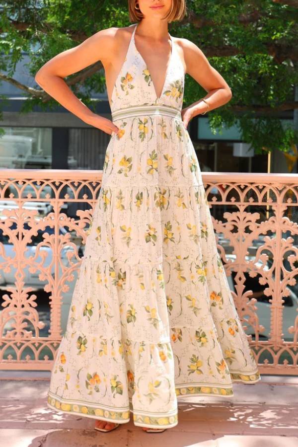 Lemon Print Halter Open Back Tiered Maxi Vacation Dress