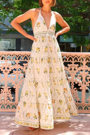 Lemon Print Halter Open Back Tiered Maxi Vacation Dress