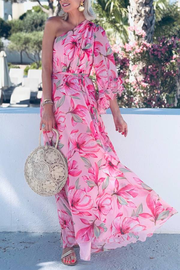 One Shoulder Floral Chiffon Vacation Maxi Dress