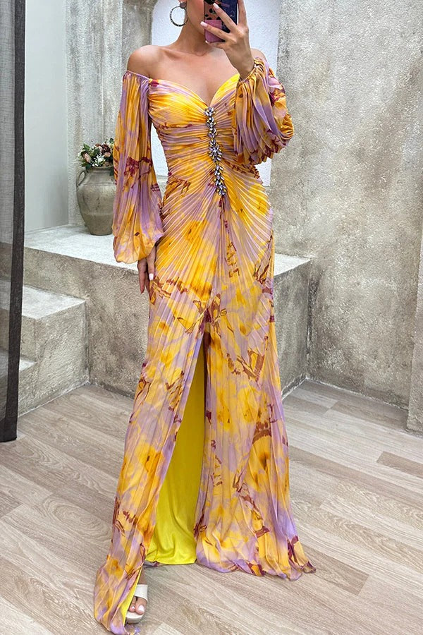 Sunset Serenade Printed Off Shoulder Diamond Embellished Pleated Slit Maxi Dress Yellow