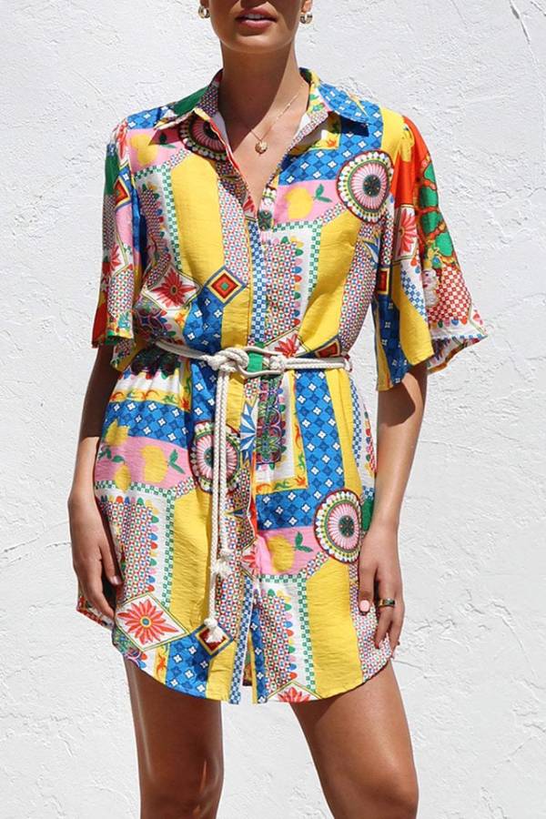 Sicilian Patchwork Print Tie-Waist Shirt Dress