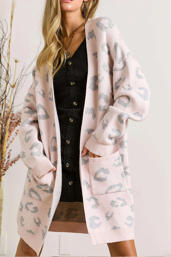 Pink Leopard Side Pockets Open Front Long Cardigan Pink