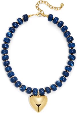 Vintage Blue Marbled Bead Heart Pendant Choker Necklace Boho Contrast Color Collar