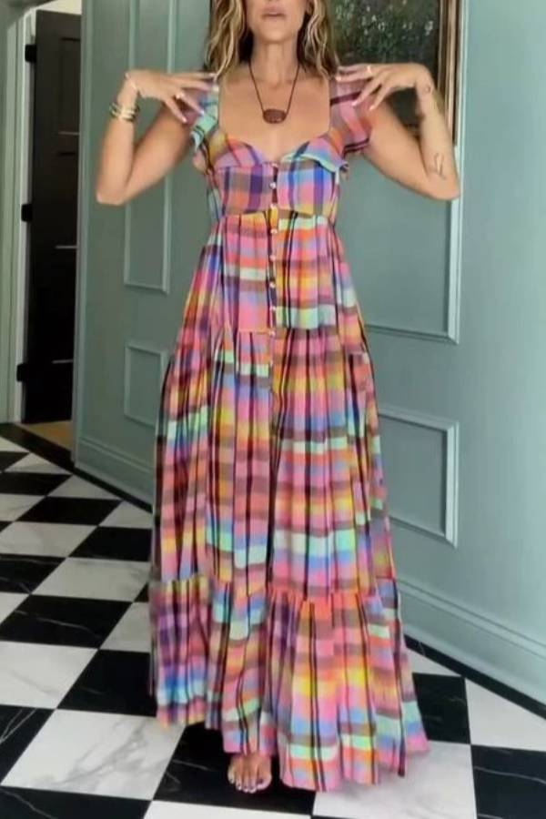 Rainbow Plaid Square-Neck Ruffle Tiered Maxi Dress
