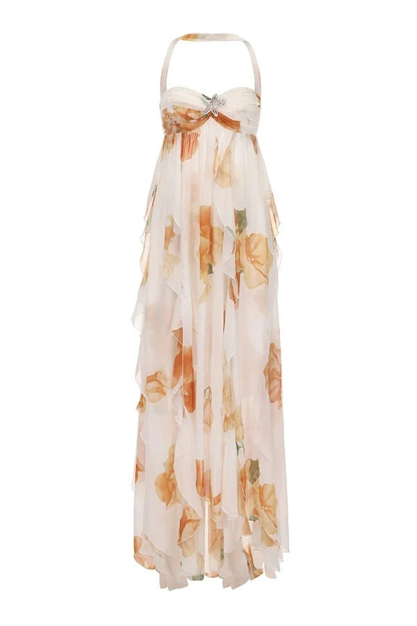 Romance and Freedom Floral Print Ruffles Halter Backless Slit Maxi Dress
