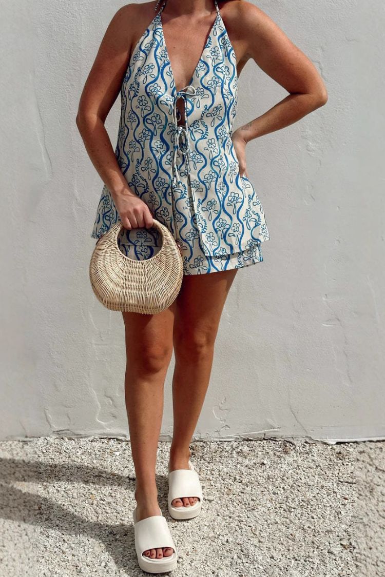 Linen Lace-Up V-Neck Open Back Suspender Shorts Set