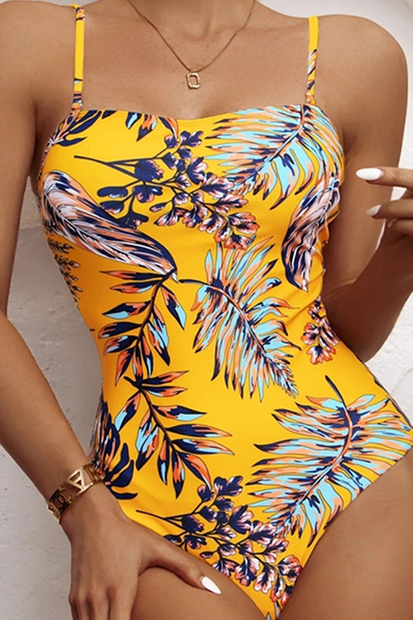 Leaf Print One-piece Swimsuit Yellow