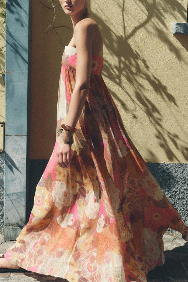 Shelia Ethnic Floral Print Off Shoulder A-line Maxi Dress