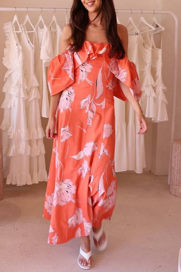 Off-Shoulder Ruffle Trim Puff Sleeve Floral Print Waist-Cinched Maxi Dress