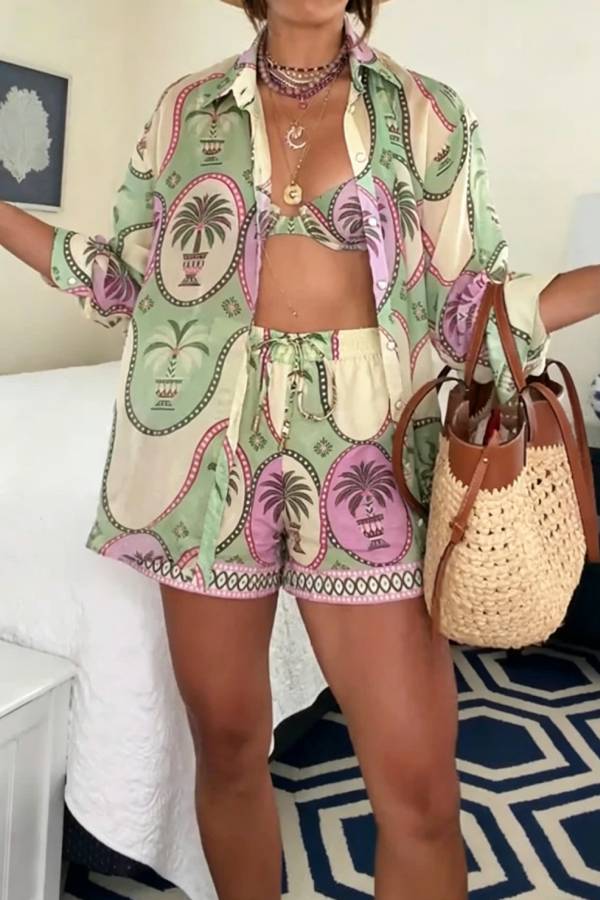 Tropical Style Linen Blend Unique Print Long Sleeve Shirt and Elastic Waist Pocket Shorts Set