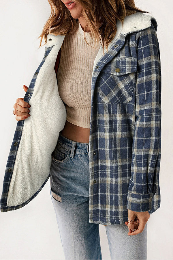 Snap Button Sherpa Lined Hooded Flannel Jacket Blue