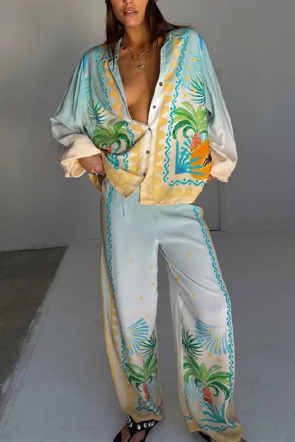 See You in Rio Tropical Fruits Print High Rise Elastic Waist Wide Leg Pants