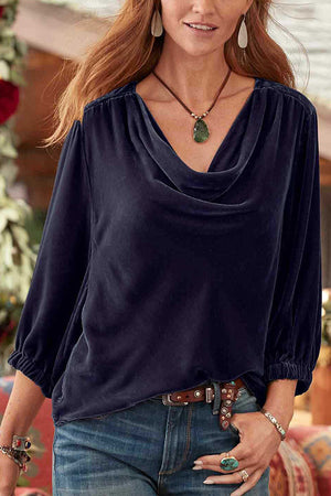 Solid gold velvet stacked collar pleated T-shirt Purple