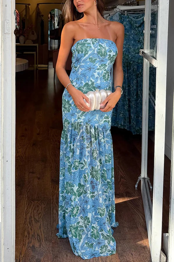 Floral Print Elegant Strapless Fitted Slit Maxi Dress Blue