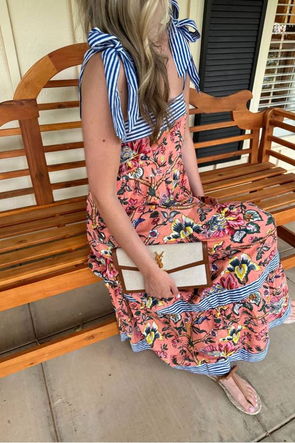 Striped Bow-Strap Printed Tiered Maxi Dress