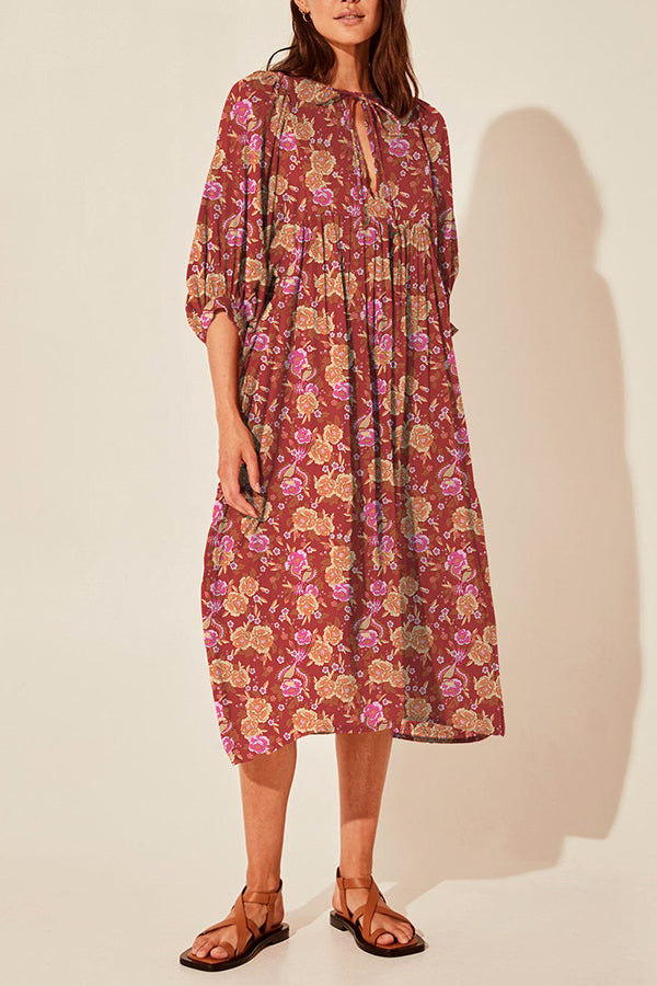 Lantern sleeve V-neck tie floral dress 2