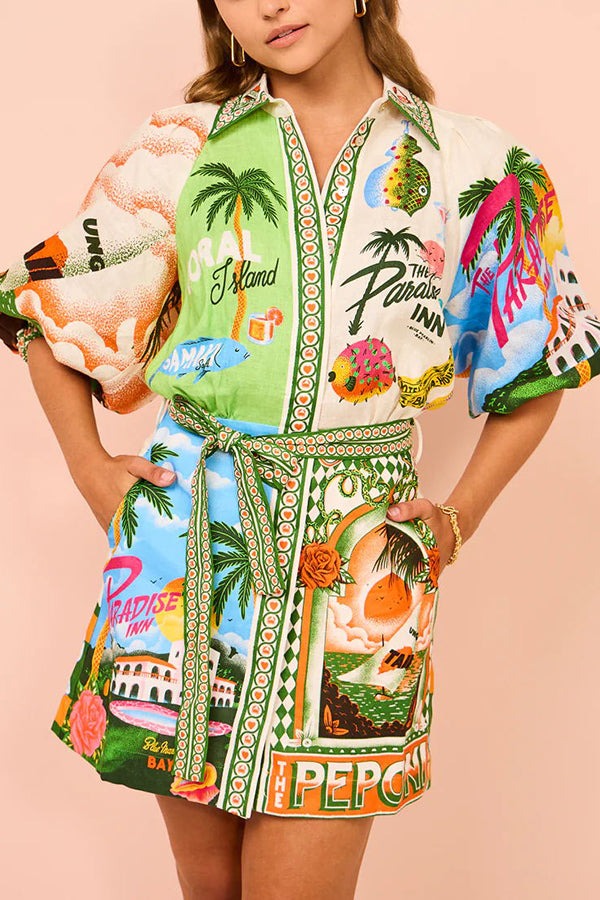 Summer Sophistication Linen Blend Unique Print Belted Pocket Shirt Mini Dress Multicolor