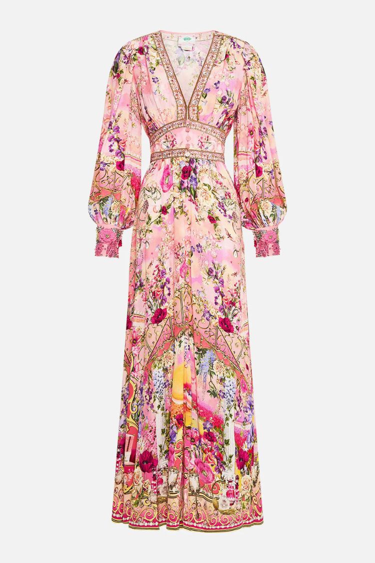 Printed V-neck Long-sleeved Puff Sleeve Waist Maxi Dress