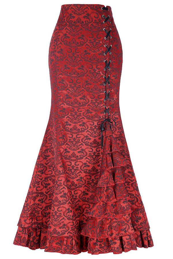 Fashionable and sexy fishtail belted jacquard long skirt Red