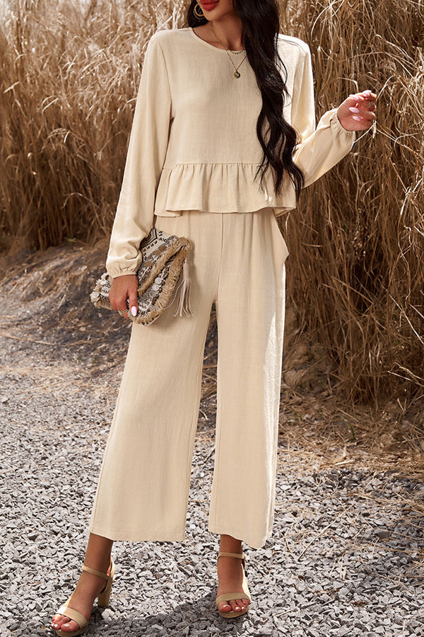 Temperament casual suit solid color long-sleeved top loose trousers apricot