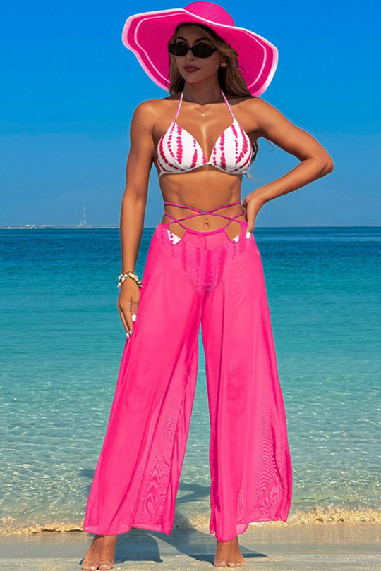 Multicolor printed suspender swimsuit three-piece swimsuit Pink polka dot swimsuit + pink trousers three-piece suit