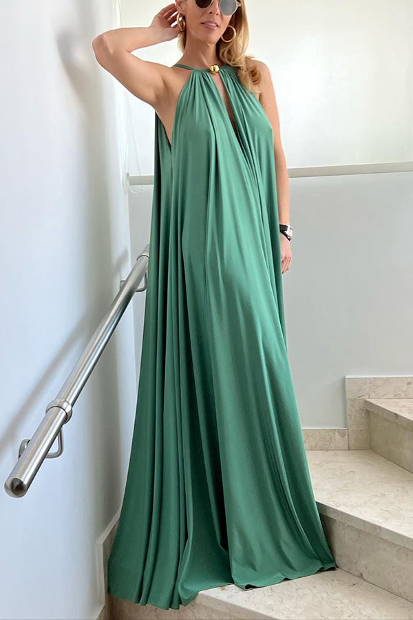 Greek Goddess Distinctive Golden Halter Neck A-line Maxi Dress Green
