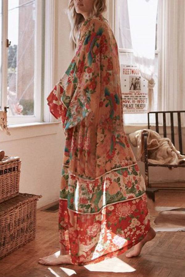 Floral Print Loose Open-Front Kimono Cover-Up