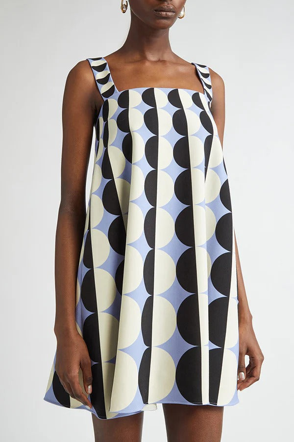 Funny Chic Geometric Circle Poka Dot Square Neck Trapeze Mini Dress Blue