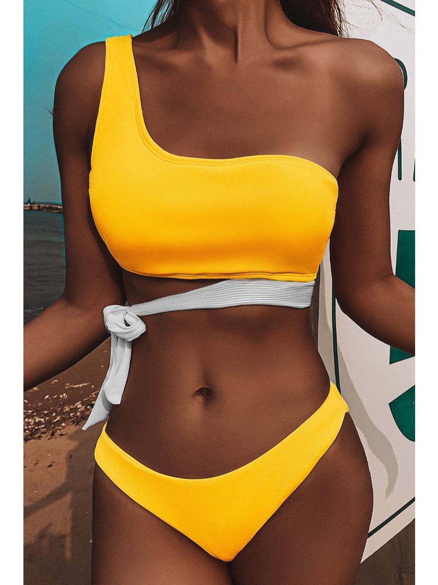 One Shoulder Bandage Design Yellow Bikini Set Yellow