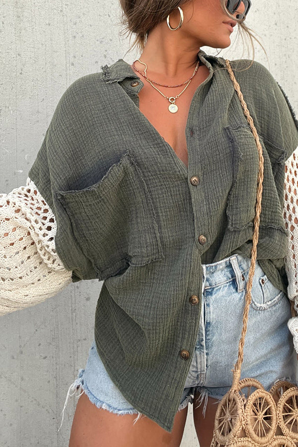 CHARCOAL GREEN CROCHET SLEEVE BUTTON UP ArmyGreen