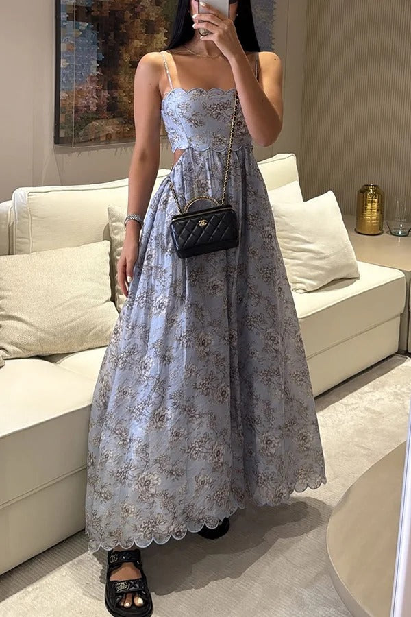 Coralie Floral Print Wavy Trim Cutout Back Smocked Maxi Dress Blue