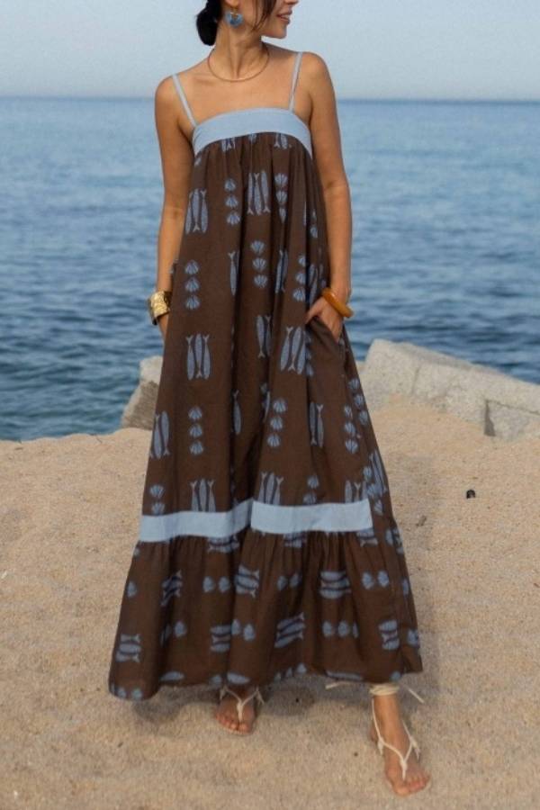 Contrast Waistband Fish Shell Print Cami Tiered Maxi Dress Loose Beach Vacation Sundress