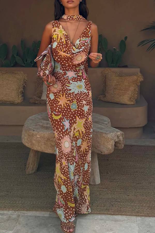 Vintage Print Cowl Neck Sleeveless Maxi Dress