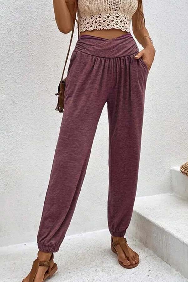 Temperament casual loose pocket high waist trousers Purple