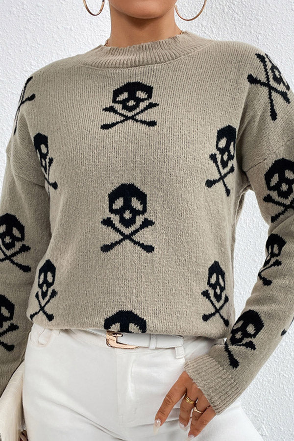 Skull jacquard crew neck pullover knitted sweater Brown