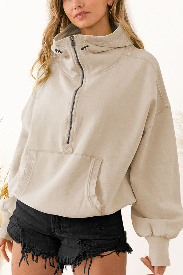 Zip Drawstring Long Sleeve Hoodie apricot