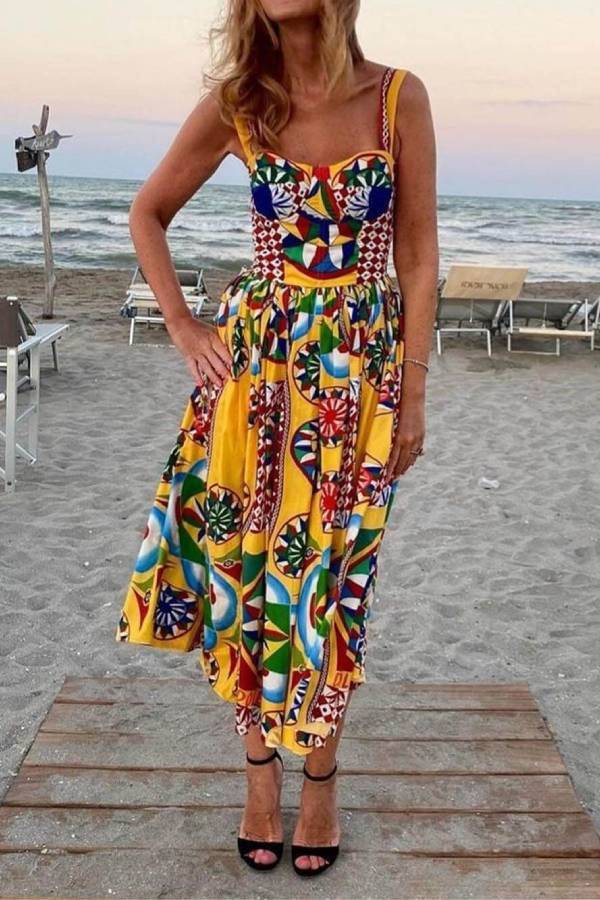 Unique Sunset Walk Ethnic Pattern Print Backless Midi Dress