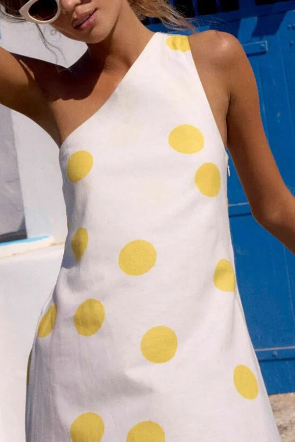 Sunlight Shines Linen Blend Colorblock Polka Dot Print One Shoulder A-line Maxi Dress