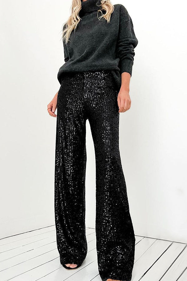 Solid color sequined fashionable casual straight pants Black