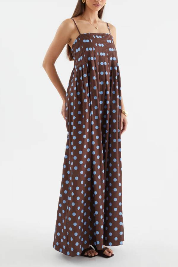 Polka Dot Print Square Neck Gathered Slip Maxi Dress