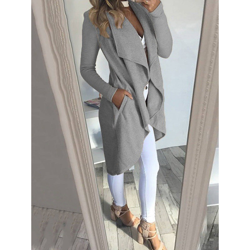 Fashion Solid Color Lapel Slim Long Windbreaker Jacket Grey