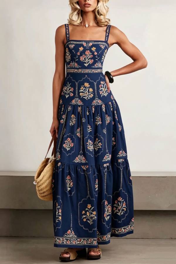 Bohemian Vintage Floral Print Cami Maxi Dress