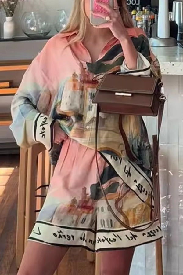 Ensemble chemise ample à manches longues et revers à imprimé unique et short décontracté à poches et taille élastique 