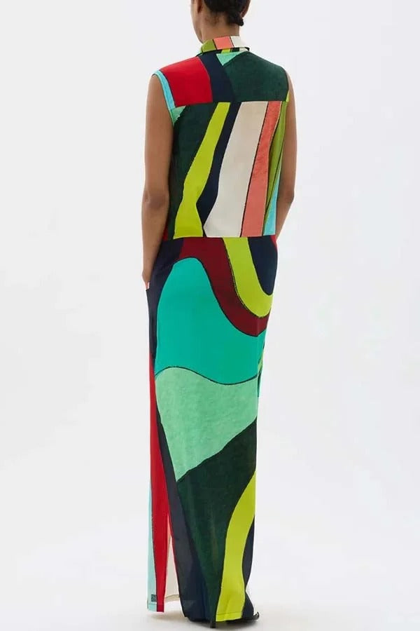 Robe longue à imprimé coloré, audacieuse et élégante, boutonnée, avec poche et fente en H