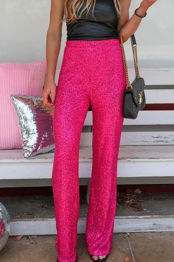Solid color sequined fashionable casual straight pants rose