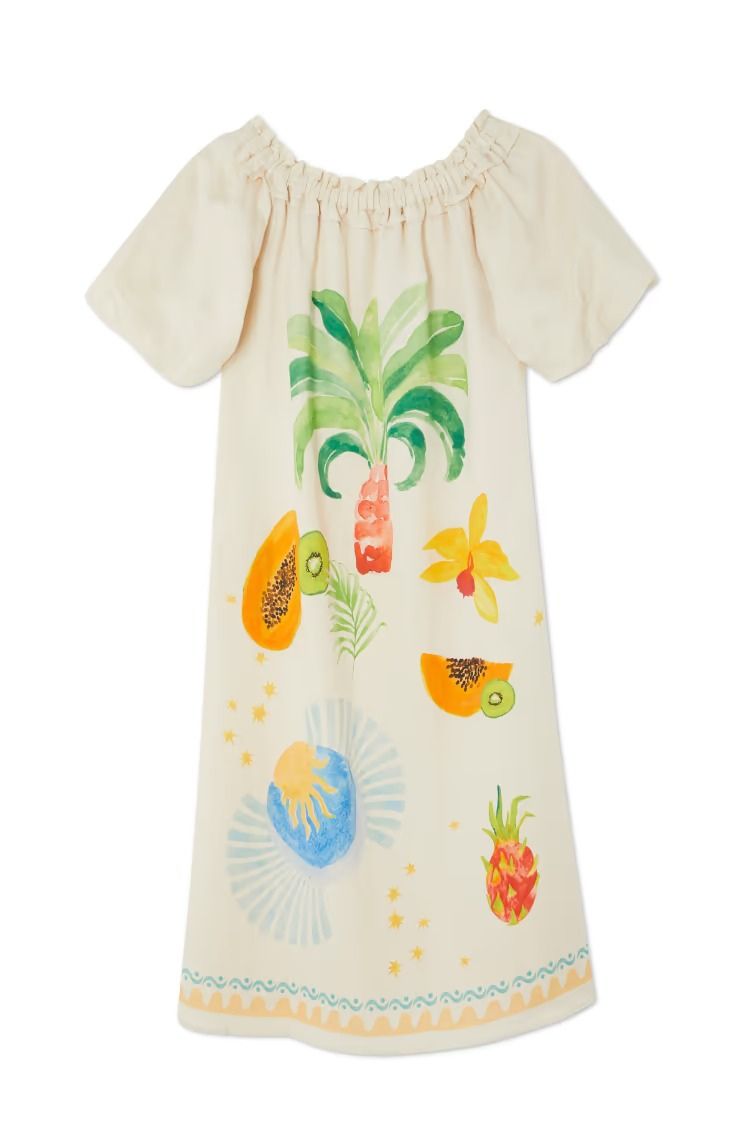 Sunveil Linen Blend Unique Print Puff Sleeve Pocket Strapless Maxi Dress